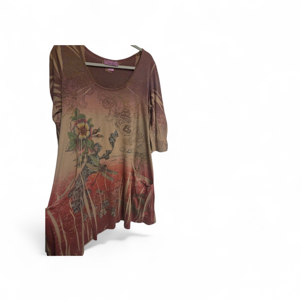 Y2K Cover Charge Womens XL‎ Boho Dragonfly Floral Tunic Top 3/4 Sleeve Earth